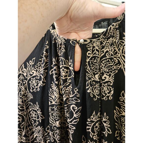 Lucky Brand Boho Blouse Black Tan Floral Print 3X Plus Size Keyhole Top Flow EUC - Picture 7 of 8
